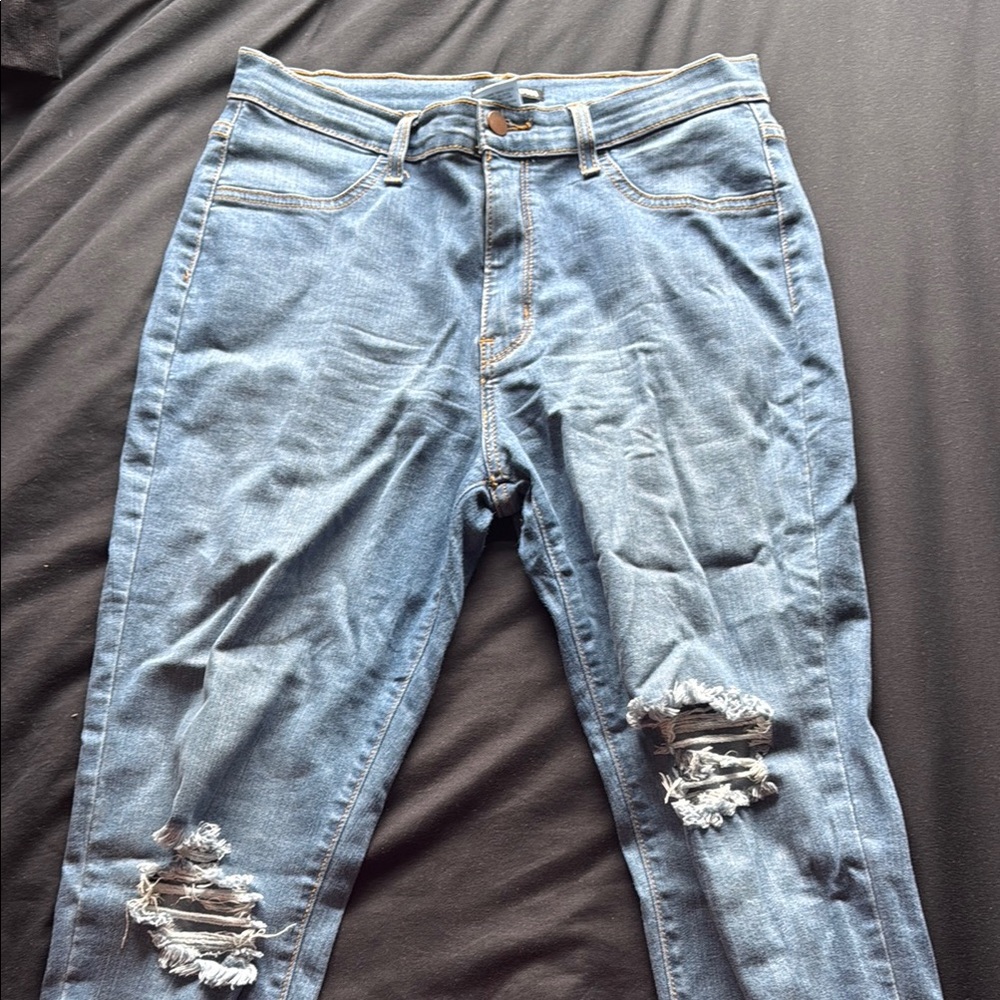 Fashion Nova Blue Distressed Ankle Jeans